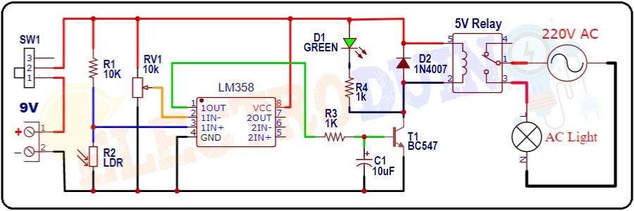 Automatic Street Light Project using LDR, LM358 Op-Amp, BC547 Transistor and Relay Circuit Diagram